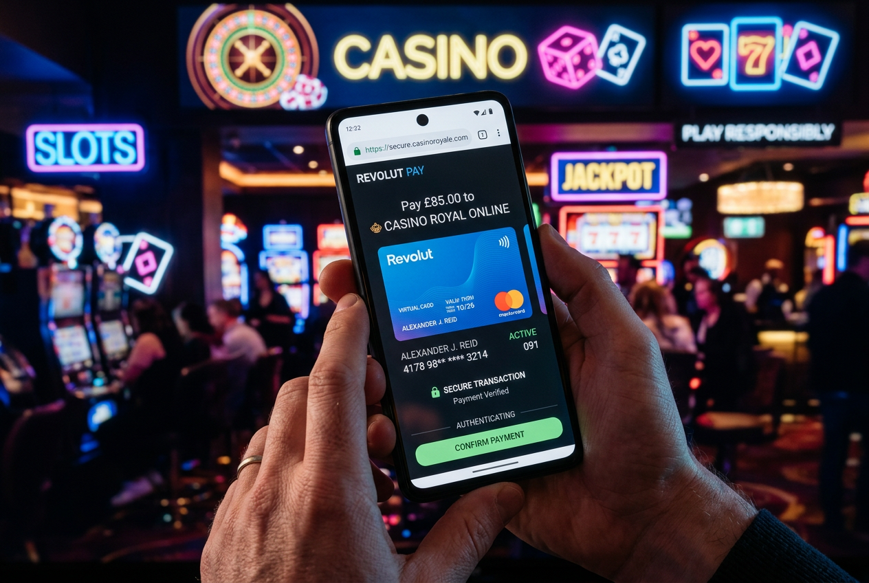 Bezpieczna karta wirtualna Revolut wyświetlona na smartfonie na tle kasyna