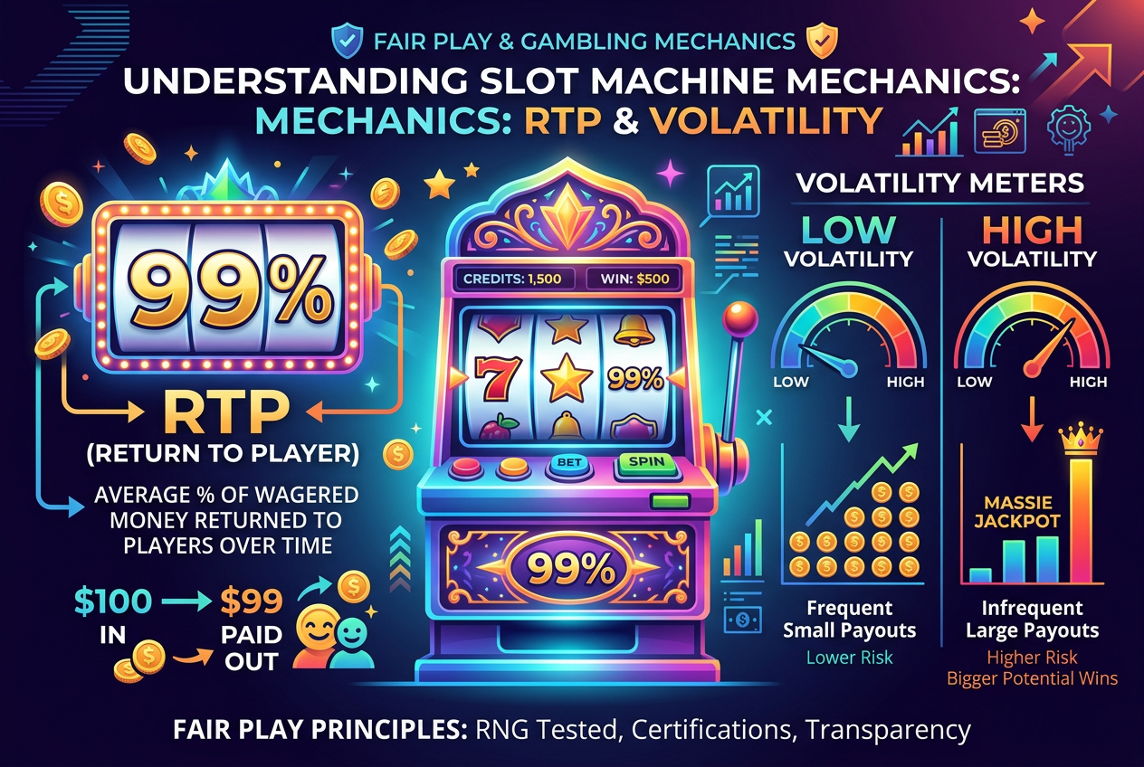 Infografika przedstawiająca mechanikę RTP i zmienność w automatach